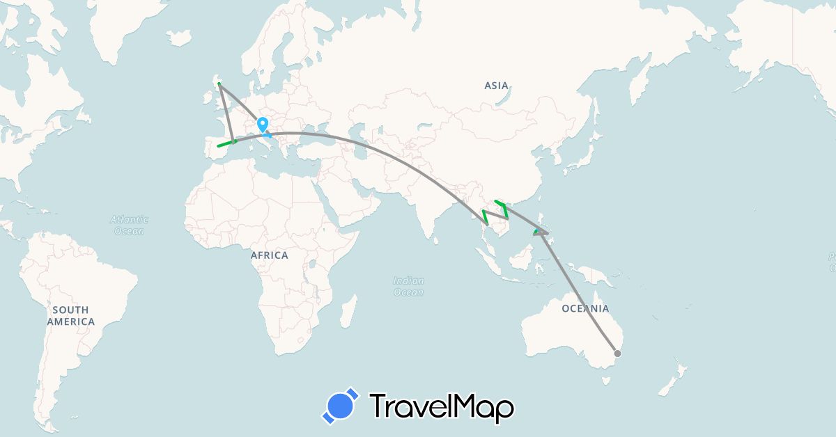 TravelMap itinerary: driving, bus, plane, boat in Australia, Spain, United Kingdom, Croatia, Italy, Philippines, Thailand, Vietnam (Asia, Europe, Oceania)